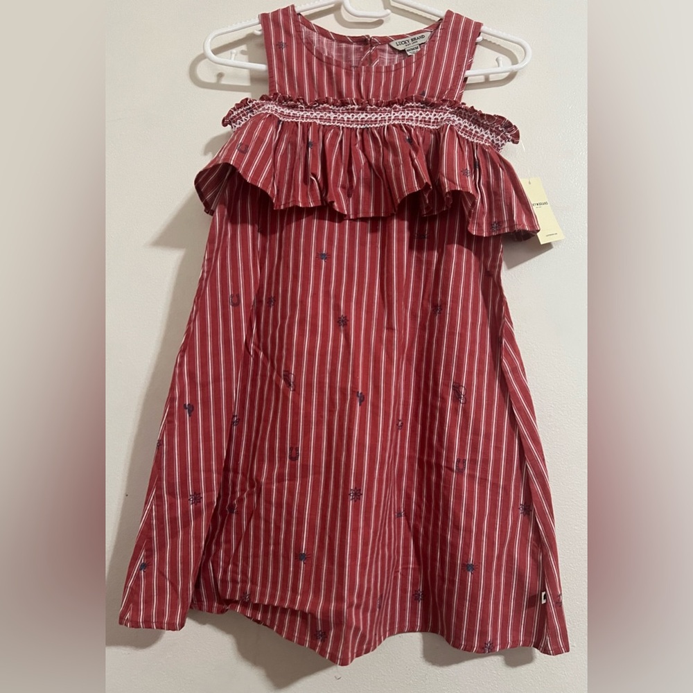 Lucky Brand Red Striped Ruffle-Neck Kids Dress